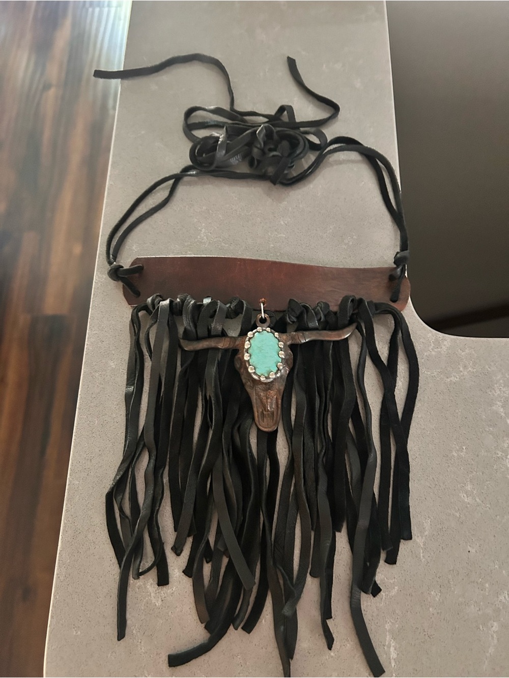 Fringed Leather Necklace with Turquoise Accent